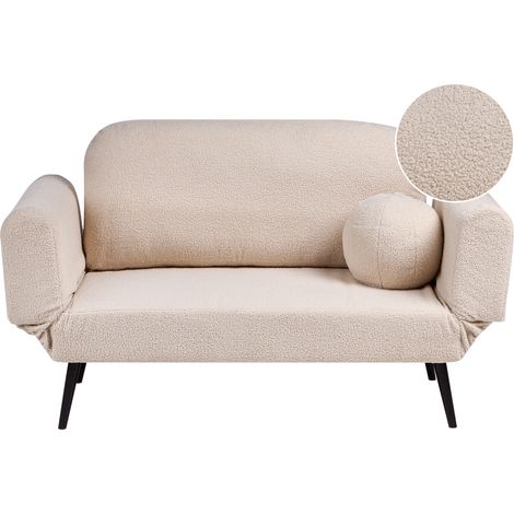 Sofá cama con cojín redondo tapizado de bouclé patas de hierro sala de estar dormitorio beige Dorotea