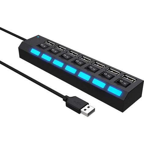Hub USB 2.0 à 7 ports avec interrupteurs et LED individuels, répartiteur USB 2.0 pour tous les périphériques USB