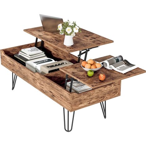 Mutital Couchtisch höhenverstellbar 120x50 cm – Rechteckiger Wohnzimmertisch mit Doppelplatte und großem Stauraum – MDF & Metall – Einfache Montage