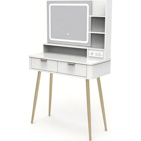 Coiffeuse blanche - 80 cm - Avec miroir - Éclairage LED - Coiffeuse avec 2 tiroirs - Blanc brillant - 3 couleurs de lumière - Commode avec tiroirs et étagères - Compacte pour chambre à (1/5)
