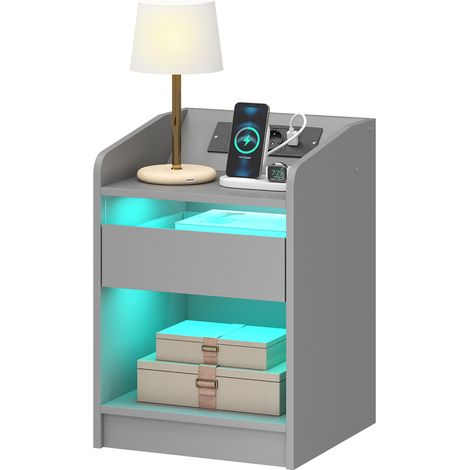 Table de chevet avec station de charge, éclairage LED RGB, tiroir, étagère ouverte, ports USB et télécommande, 40 x 40 x 58 cm, grise (1/5)