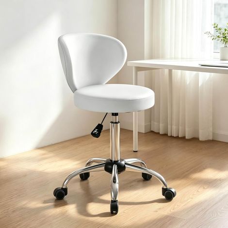 Taburete giratorio 360°, con respaldo curvo, altura ajustable, base de acero cromado, PU blanco (1/5)