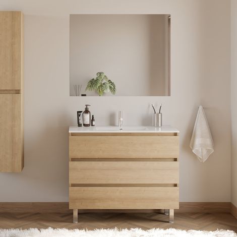 Meuble de salle de bain 90cm simple vasque - 3 tiroirs - nebraska (chêne clair) - MAYOR (1/5)