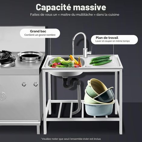 Évier commercial sur pied en acier inoxydable avec robinet, tuyaux d'eau froide et chaude, bac simple, pour cuisine, buanderie, arrière-cour, garage, 75 x 40 x 76 cm (1/5)