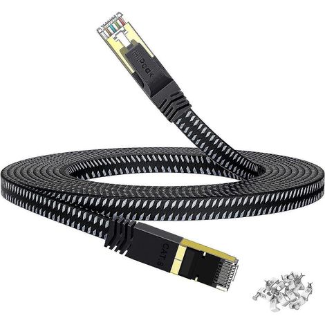 Câble plat Cat-8, 12 m, câble internet Cat-8 avec gaine en nylon tressé, câble réseau haut débit (40 Gbit/s), câble RJ45 pour modem, routeur et Xbox. (1/5)