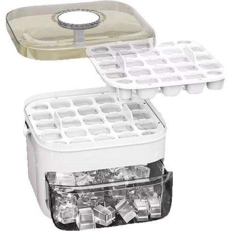 Vassoio per cubetti di ghiaccio con pulsante di rilascio, doppio scomparto per 50 cubetti, completo di contenitore per cubetti, maniglia, coperchio antipolvere e paletta per il ghiaccio. Non dovrete p (1/5)