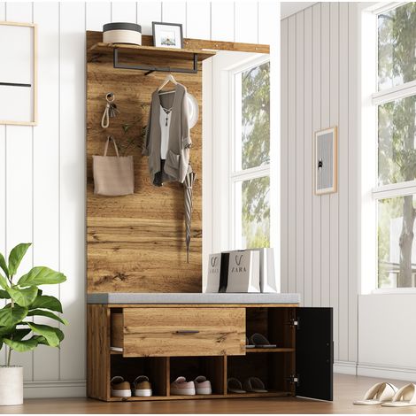 Meuble chaussures d'entrée 104 x 39 x 190 cm avec miroir, banc, patères et rangement HAVRYA (1/5)