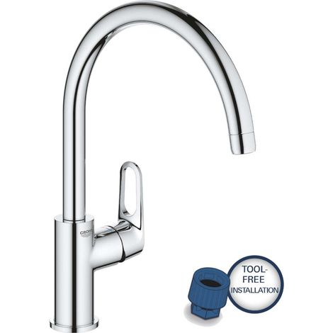 Mitigeur monocommande évier chromé – Bec haut 360° – GROHE LongLife – Système d'acheminement d'eau séparés – Installation simple (1/10)