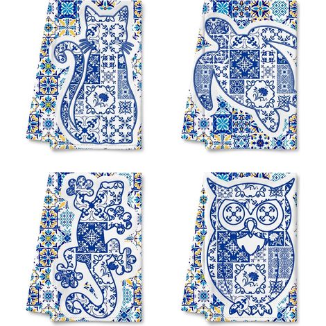 Paños de cocina azulejo azul animales blanco 68 cm, set de 4 (1/5)