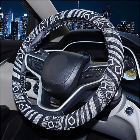 Housse de volant universelle en toile de jute ethnique absorbant la transpiration pour voitures et camionnettes, noir et blanc (1/5)