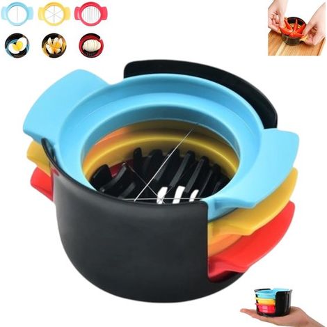 Affetta uova 3 in 1 in acciaio inox, affetta uova multifunzionale (blu + giallo + rosso), affetta uova in plastica, pratico affetta frutta (1/5)