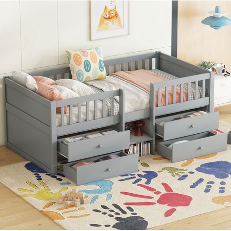 Lit mezzanine enfant 90x200 cm en bois gris, gain de place pour chambre, sans matelas FloraGrace (1/5)