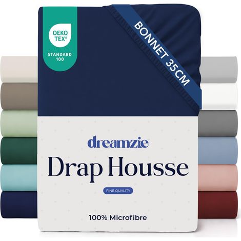 Drap Housse 200x200cm Bleu Foncé Grand Bonnet 35cm (1/5)