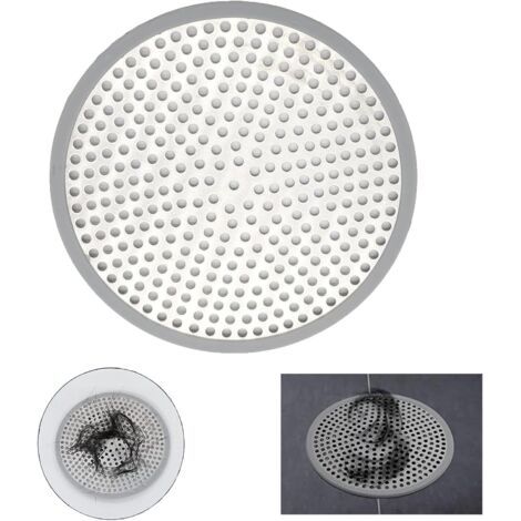 Filtre à cheveux de douche rond 12 x 12 cm en acier inoxydable argenté avec grille anti-obstruction (HK)
