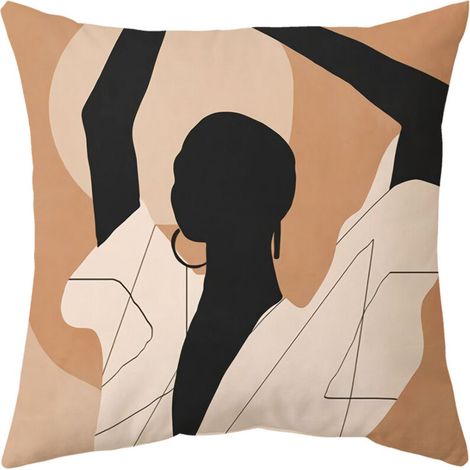 Fundas de cojín estilo boho de 45x45 cm, juego de 4 fundas de cojín decorativas con estampado abstracto moderno de niña, hojas y sol para sofá, lavables, de lino. (1/3)