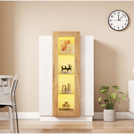 Vitrine 74 x 40 x 120 cm blanche et bois naturel avec LED, 3 portes en acrylique (1/5)