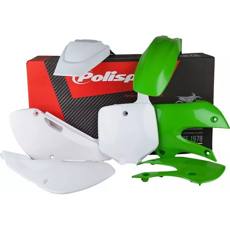 KIT DI PLASTICA POLISPORT KAWASAKI KX 65 '00-'25 COMPRESA LA TARGA ANTERIORE (8661500010) COLORE VERDE BIANCO