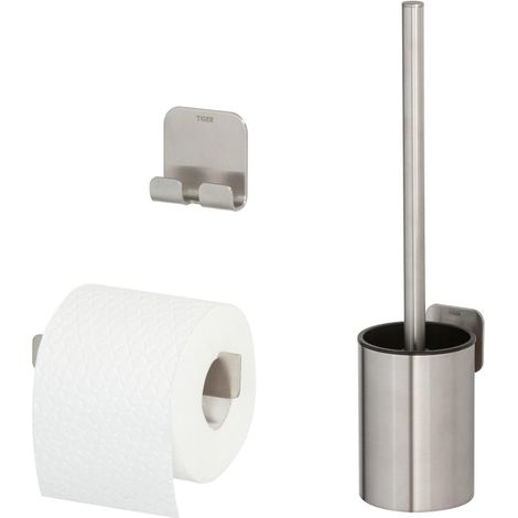 Tiger Colar Ensemble accessoires wc - brosse avec suport - porte-rouleau avec planchette - crochet serviette -Inox brossé (1/5)