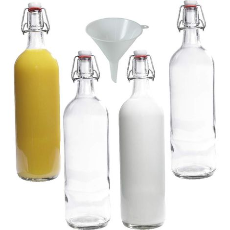 Lot de 4 Bouteilles carafes à Eau 1 Litre avec Bouchon mécanique - Verre Transparent - Livré avec Un Entonnoir (1/5)