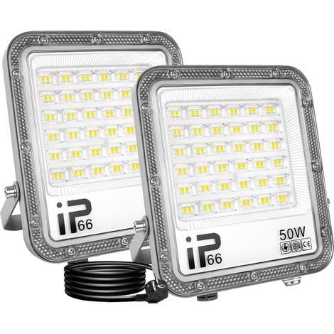 2Pcs Projecteur LED avec prise, 50W 5000LM Projecteur LED Extérieur, Spot LED Extérieur IP66 Etanche Eclairage de Sécurité pour Jardin Patio Garage Entrée Terrasse (1M Fil)