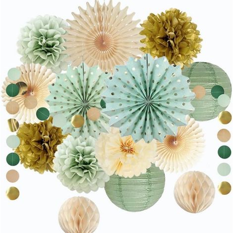 Ensemble de 15 lanternes éventails en papier vert sauge pour décoration de fête - Vert haricot