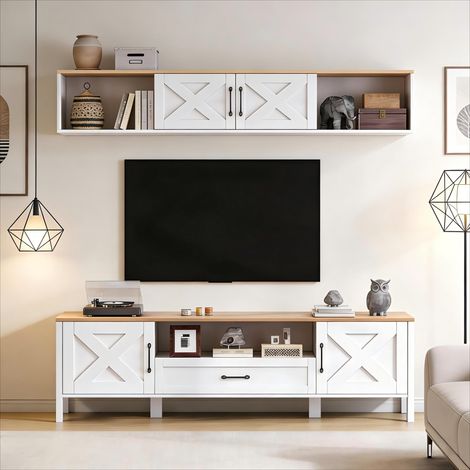 Ensemble meuble TV mural 180 x 40 x 50 cm (ensemble complet, 2 pièces), support TV + vitrine suspendue, ensemble multimédia mural, ensemble de meubles TV pour salon avec 4 placards et 1 tiroir, meuble