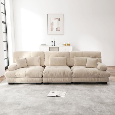 Canapé d’angle modulable 3 places, assise profonde, tissu chenille, convertible confortable, brun clair (1/5)