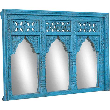 Espejo de madera azul acabado artesanal 93x7x63 cm