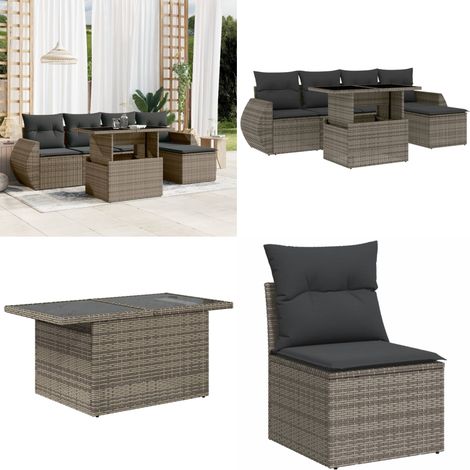 6-tlg. Garten-Sofagarnitur mit Kissen Grau Poly Rattan - Gartenmöbel Set - Esszimmergarnitur - Outdoor Möbel - Lounge Garnitur - Rattan Gartenmöbel - Home & Living (1/5)