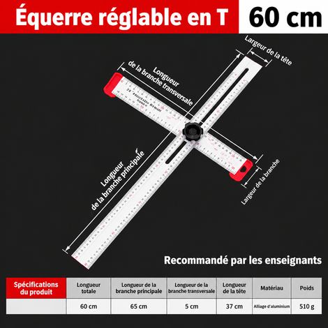 Équerre combinée en T 60 cm réglable en acier inoxydable pour menuiserie 60cm 1 kg – Livraison gratuite