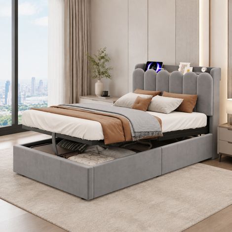 Lit coffre enfant 90x200 cm avec sommier, tête de lit capitonnée, velours gris HAVRYA (1/5)