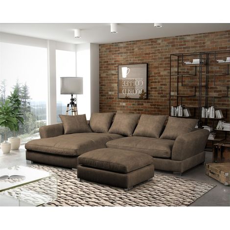 Ecksofa Sofa TIZIAN inkl. Hocker in Stoff Preston Braun Ottomane Links (1/2)