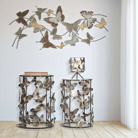 Mesita de Salón Dhulik, set de 2, Diseños con Mariposas, Forma Redonda, Color Transparente, 41x41x55h cm Gris (1/5)