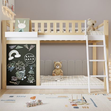 Lit minuit camp 90×200cm,petit tableau noir,boîte rangement,rampe sécurité,espace personnalisable,pin+MDF,blanc+naturel