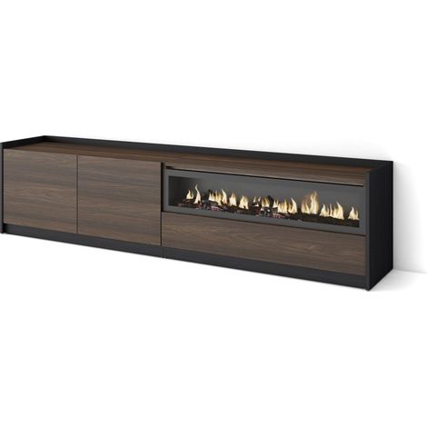 Skraut Home - Mueble TV, Televisión, 207x37x50cm, Para TV hasta 80", Chimenea eléctrica, Roble oscuro y Negro (1/5)