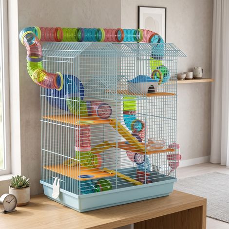 Cage pour hamster souris petit animaux rongeur avec tunnel mangeoire roue jouet 47 x 30 x 59 cm bleu clair (1/5)
