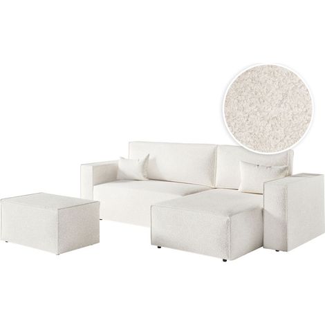 PACK - CLARISSE - Canapé d'angle convertible réversible avec pouf en tissu bouclette - Blanc (1/5)