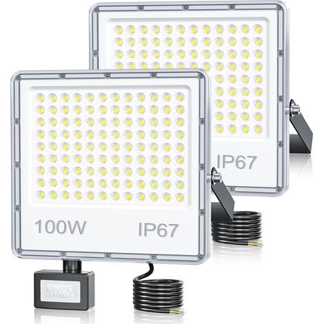 Projecteur LED Exterieur Detecteur de Mouvement 100W, Spot LED Extérieur Detecteur de Mouvement Etanche IP67 10000LM Blanc Froid 6500K pour Jardin(2 Pièce) (1/5)