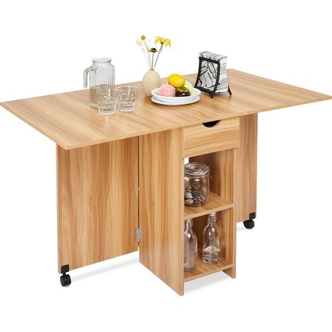 Mondeer Klapptisch mit 1 Schublade & 2 Ablagen & Rollen, Klappbarer Esstisch für Küche/Wohnzimmer,72 x 120 x 75 cm,Eiche