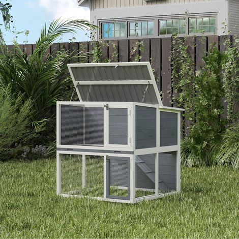 Clapier lapin extérieur cage à lapin 2 étages spacieux toit double ouverture plateau amovible 98x95x102,5cm gris (1/5)