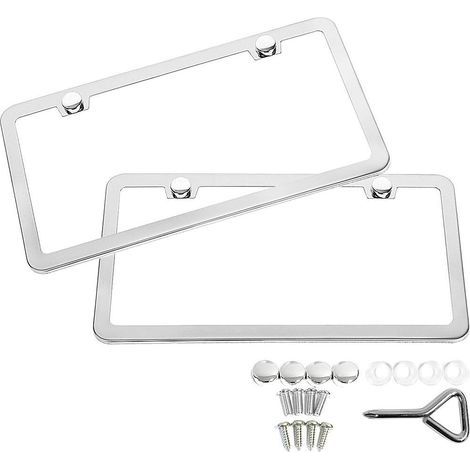 Cornice portatarga in acciaio inox a 2 fori con foro quadrato e bordo sottile, cornice portatarga in acciaio inox con accessori, chiave a vite, argento (1/5)