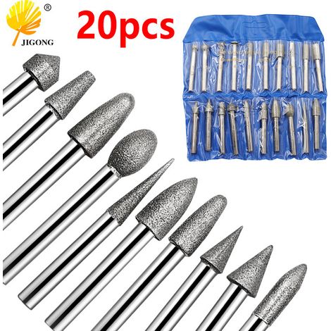 Lot de 20 têtes de meulage diamantées à tige de 6 mm pour outils de sculpture sur jade, tiges de meulage diamantées, grain 120 pour jade et pierre. (1/5)