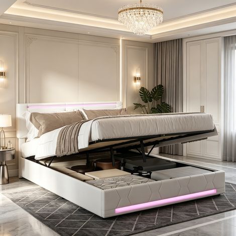 Letto contenitore 140x190 cm beige con LED multicolore, letto matrimoniale idraulico con testiera a rombi, rete a doghe