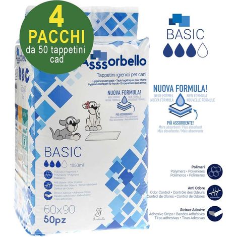 200 Asssorbello Basic 60x90 cm tapis hygiéniques pour chiens - 4 paquets de 50 pièces chacun