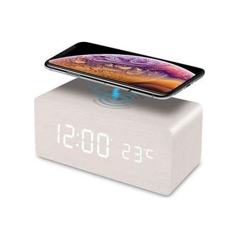 Réveil Numérique Bois avec Chargeur sans Fil, Réveil Numérique en Bois avec Affichage LED de l'Heure, de la Température, Contrôle Sonore pour Bureau de Chambre (blanc) (1/5)