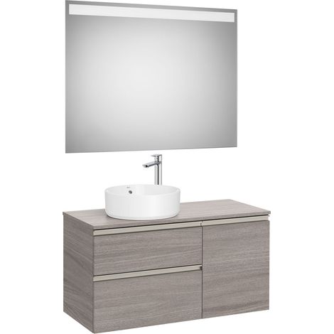 Pack meuble "The gap" 1000 pour vasque à gauche - 2 tiroirs + 1 porte + plan + miroir LED - city oak - Roca (1/2)