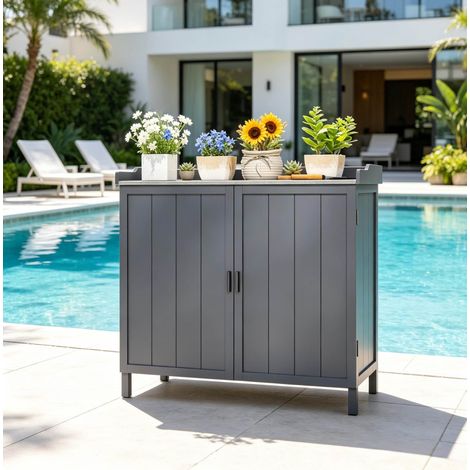 Armoire de jardin 98x48x95,5 cm en bois et métal gris, rangement compact pour balcon – MEUBLIV (1/5)