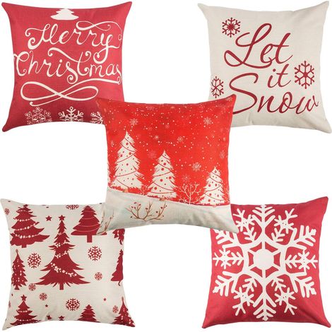 Juego de 5 fundas de almohada, de lino y algodón, con estampado de copos de nieve y cremallera invisible, ideales para sofá y decoración navideña. (1/5)