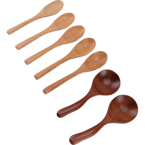 Lot de 7 cuillères en bois massif naturel, faciles à nettoyer, pour la cuisine, le service, le mélange et le remuage. (1/5)