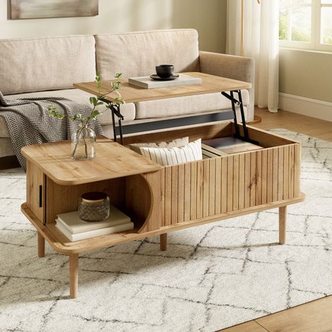 Couchtisch Modern Retro, höhenverstellbare Tischplatte, verschiebbare Tür, Holz-Optik, vertikale Rillen, Holzbeine, multifunktionaler Wohnzimmertisch (1/5)